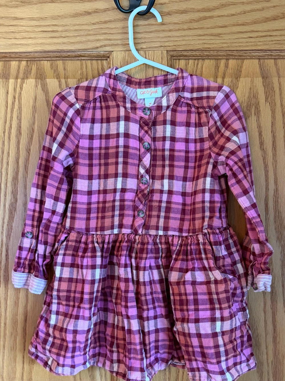 Cat & Jack Pink Plaid Button-Front Long Sleeve Dress